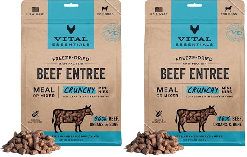 Image of Vital Essentials Freeze Dried Dog Food,Raw Beef Crunchy Mini Nibs | Complete Meal or Topper | 96% Beef,Organs & Bone-| Limited Ingredient,High Protein,Grain Free Dry Dog Food-| 14 oz Bag,(Pack of 2)