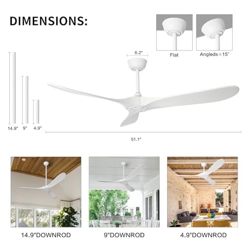 White Modern 52 Inch Outdoor Ceiling Fan with Remote, Wood 3 Blade High CFM Wet Rated Ceiling Fans for Patios Porch Gazebo -Propeller Ceiling Fan for Indoor Living Room Bedroom Kitchen