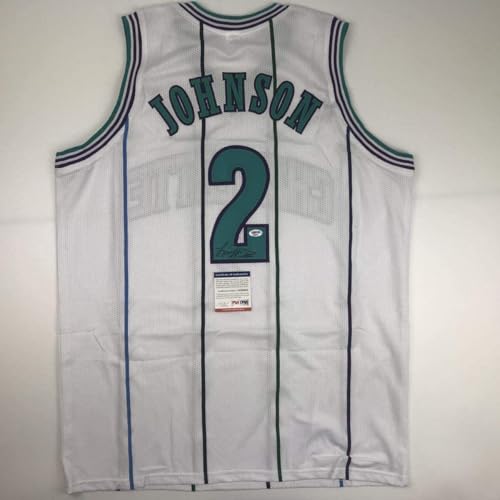 Autographed/Signed Larry Johnson Charlotte White Basketball Jersey PSA/DNA COA