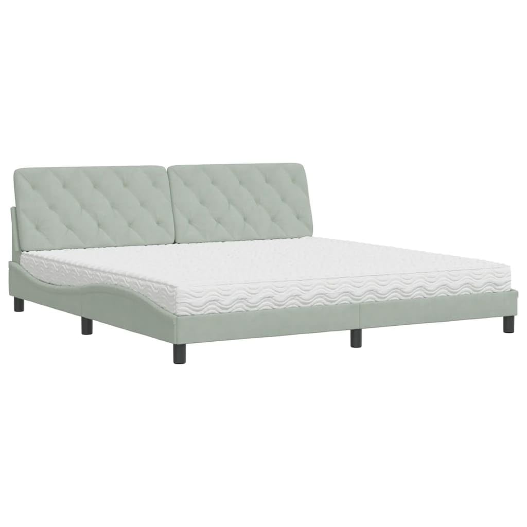 Jasnoszare aksamitne łóżko z materacem, 200 x 200 cm, rama łóżka Queen Size, falista konstrukcja, wytrzymały metal i drewno sosnowe, regulowany stopień twardości H2/H3 dla spokojnego snu