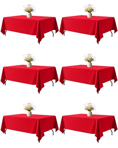 Image of Niuara Red Polyester Table Cloth, 6 Pack, 60 x 102 in | Rectangle, 5 ft Tables, Washable, Wrinkle Resistant, Heat-Proof, Weddings Parties