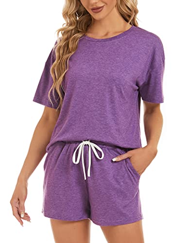 Image of LOCUBE Women's Pajama Set Soft Comfy 2-Piece Short Sleeve Lounge Sleepwear with Drawstring Shorts and Pockets