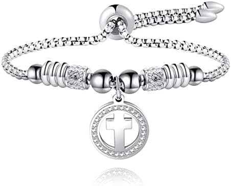 Cross Bracelet for Women Silver Cross Charm Bracelets Adjustable Stainless Steel Jesus Catholic Bracelet Religious Gifts for Women