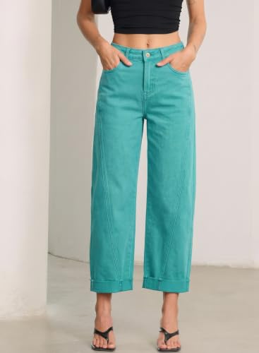 Image of Sidefeel Barrel Jeans for Women High Waisted Wide Leg Baggy Stretchy Trendy Raw Rolled Hem Capri Cropped Ankle Denim Pants