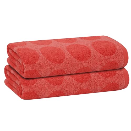 PREMIUS 2 Pack Circles Polka Dot Bath Sheet Towels, 100% Cotton Yarn Dyed, 32x64 Inches, Ultra Soft & Absorbent, Fast Drying, Durable & Quick-Drying for Bathroom, Spa (Coral)