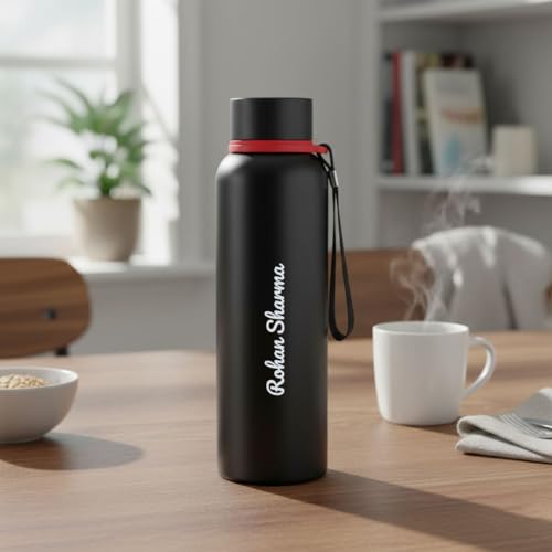 Image of Giftana Personalized Bottle with Name, Customized Stainless Steel Water Bottle for School, Office, Gym & Travel, Customized Gift for for Men & Women, Corporate Gifts for Employee (Black,800ml)