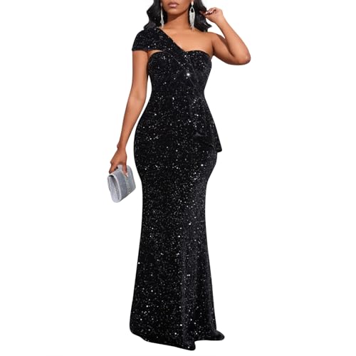 Cololura Women Sexy Elegant Sequin One Shoulder Mermaid Formal Party Cocktail Gowns Bodycon Evening Maxi Dress Black