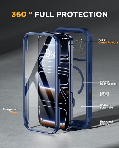 Image of Miracase for iPhone 17 Pro Max Case 6.9 inch Full-Body Phone Case with Built-in Glass Screen Protector& Full Camera Protector,[Magnetic with MagSafe] Drop Proof 17 ProMax Cover, Blue