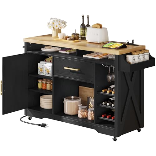 YITAHOME 50 Inch Large Kitchen Island with Power Outlet & Wine Storage, Portable Rolling Islands Cabinet on Wheels Farmhouse w Thick Table Top Drawer Glass Holder Spice Rack, Black & Oak Bla