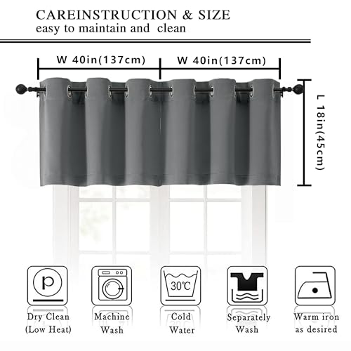Image of Simplebrand Light Grey Kitchen Valances for Windows 18 Inches Long 2 Pack, Room Darkening Window Valances for Living Room, Grommet Short Straight Drape Kitchen Curtains for Bedroom Kids Room, 40Wx18L