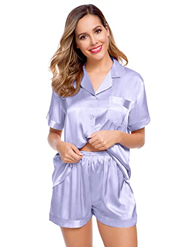 Image of LecGee Womens Silk Satin Pajamas Set Short Sleeve Button Up Sleepwear Loungewear 2 Pcs Pj Sets