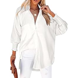 Womens Smocked Cuffed Striped Boyfriend Shirt Casual Collar Long Sleeve Oversized Button Down Blouse Tops with Pocket Shirred