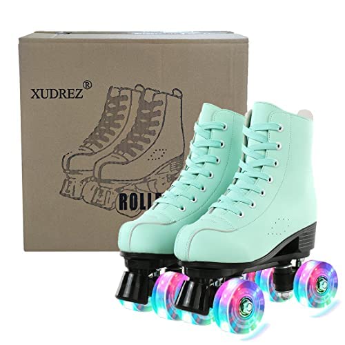 Xudrez Roller Skates For Women Cozy Green Pu Leather High-Top Roller Skates For Beginner, Professional Indoor Outdoor Double-Row Roller Skates With Shoes Bag (Flash Wheel,40) #TOP5