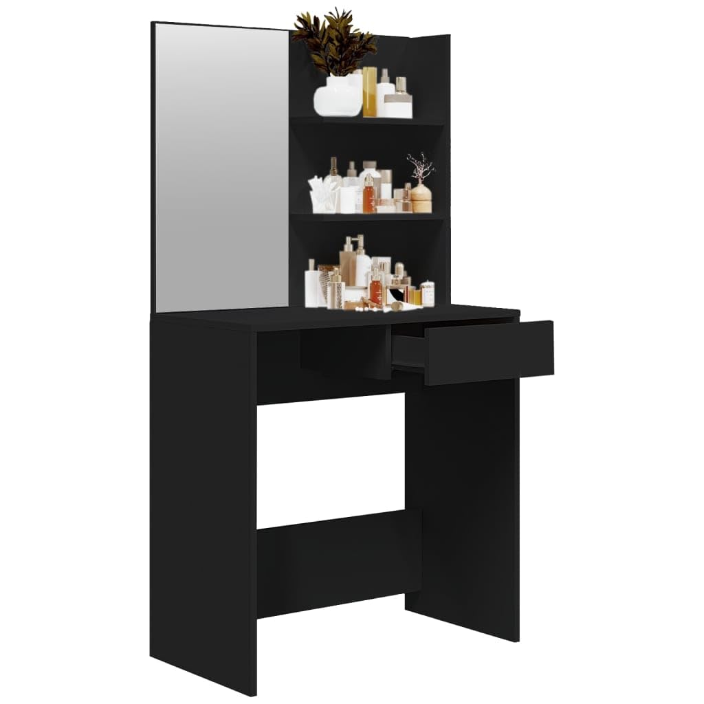 Mesa de tocador con espejo, amplio espacio de almacenaje, diseño moderno, negro, 74,5 x 40 x 141 cm, madera contrachapada, acrílico, para el cuidado personal diario