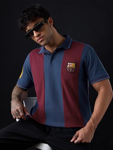 Image of The Souled Store FC Barcelona: Retro Men and Boys Short Sleeve Spread Collar Navy Blue and Maroon Colour-Block Embroidered Cotton Pique Regular Fit Polos
