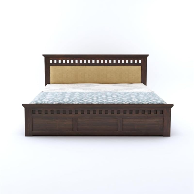 Image of Amazon Brand - Solimo Solid Sheesham Wood Kuber King Size Upholstered Bed with Box Storage + 2 Bedside | Wooden King Size Cot Bed | Double Bed with 2 Bedside Table for Bedroom (Walnut Finish)