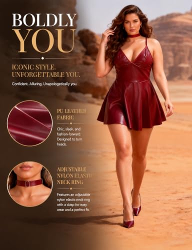 Image of ohyeah Faux Leather Lingerie Set for Women Plus Size PU Lingerie V Neck Backless Babydoll Chemise Mini Lingerie Dress