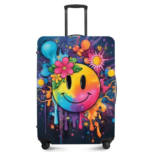 Colorful Rainbow Smiley Face Floral Travel Luggage Cover -Stretchable Airplane Suitcase Protector Sleeve,Universal Washable Fit for 20-22 Inch Checked Baggage,Water Resistant Durable Luggage Protector