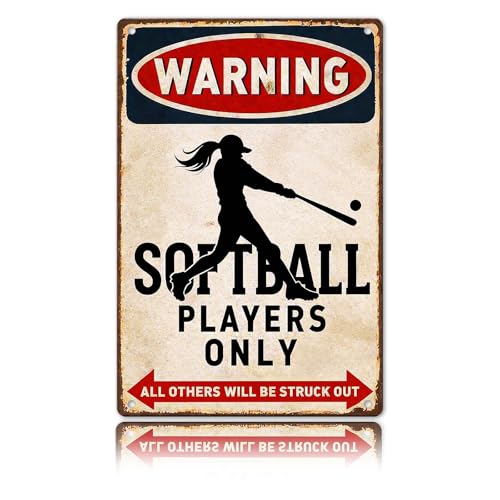 CrazySign Funny Softball Gifts for Girls, Players & Coaches - Warning Softball Players Only Vintage Metal Sign - Cool Sports Wall Art Decor for Bedroom, Locker Room, Team Gift, 8x12 Inch (26011)