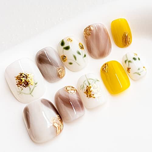 Sun&Beam Nails Handmade Press On Nail Short Round Hand-painted Golden Flowers Acrylic Fake Tip Design Art Charms Cute with Storage Box 10 Pcs (#005 M)