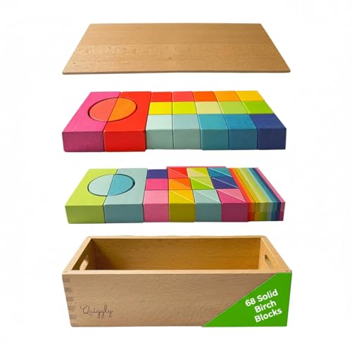 Image of Quiggly Montessori Wooden Rainbow Building Blocks - 68 Pc STEM Toy Set | Storage box with carry handles, ages 12-48 months