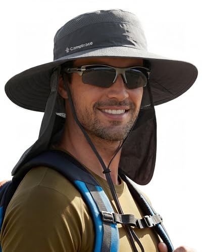 Camptrace UPF 80+ Sun Hats for Men Women Wide Brim Sun Protection Mesh Hat with Neck Flap Fishing Hiking Gardening Hats Dark Grey