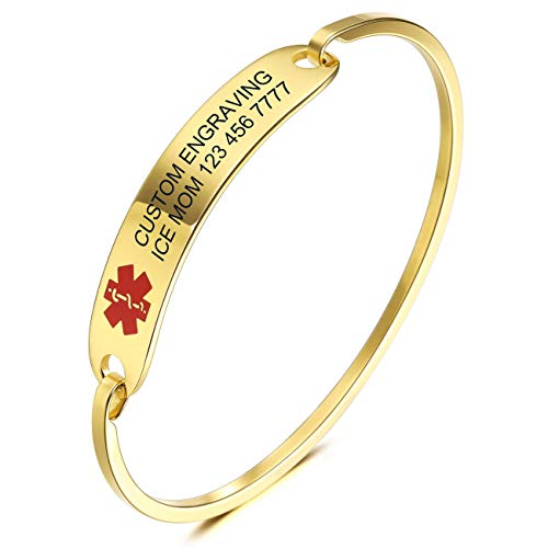 MOWOM Medical Alert Cuff Bangles Bracelet Customized Engraving Stainless Steel Personalized Name ID Identification Allergy Emergency (Gold Color, 60mm Diameter, 8mm Width)