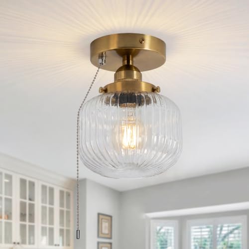 Image of Pull Chain Semi Flush Mount Ceiling Light, Vintage Brass Ceiling Light Fixture, Vertical Ribbed Clear Glass Shade Industrial Close‑to‑Ceiling Lamp, E26 Base for Hallway, Bulb Not Included