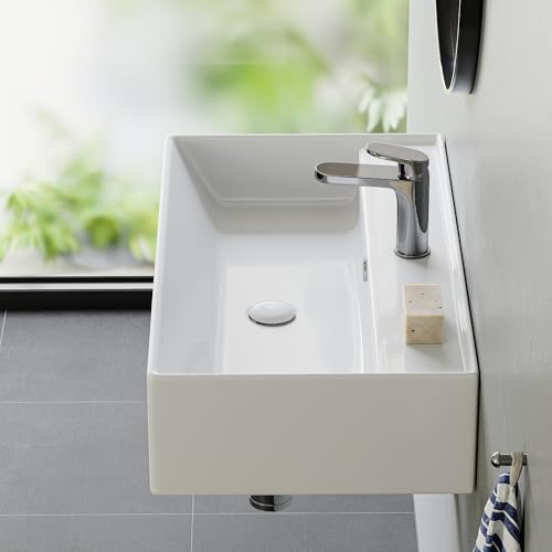 HOROW Waschbecken mit dünnem Rand Design, Rechteckig hängewaschbecken oder Aufsatzwaschbecken, mit hahnloch, Wand waschbecken Gäste WC, ideal für Bad und Waschraum geeignet