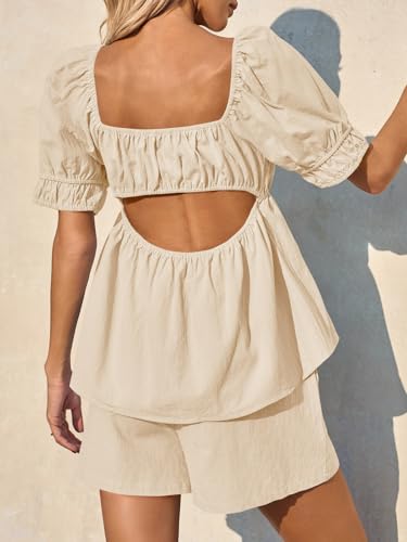 Image of Tankaneo Womens 2 Piece Outfits Summer Square Neck Short Puff Sleeve Babydoll Tops and Shorts Matching Set