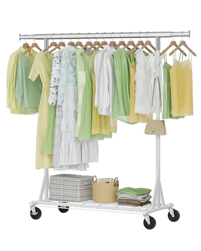 Hoctieon 1-Minute Assembly Clothes Rack, 480 lbs Heavy Duty Rolling Clothing Racks with Wheels, Foldable Garment Rack, Extendable Hanging Bar, Adjustable Metal Pole with Hooks, White