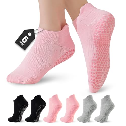 Image of Veymitour 6 Pairs Pilates Socks for Women, Grip Yoga Crew Socks, Non Slip Grippy for Barre, Ballet, Dance & Hospital