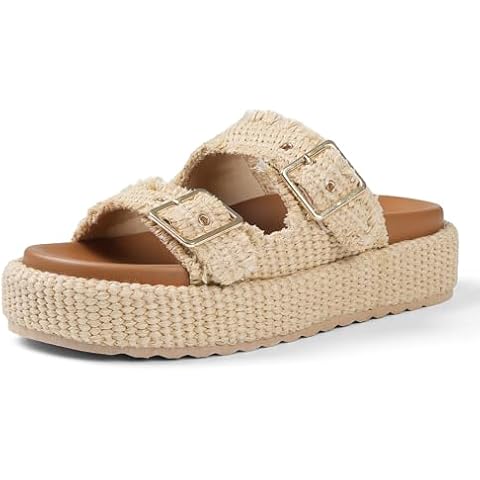 mikarka Raffia Platform Sandals for Women 2025: Resort Womens Sandals Comfortable - Summer Beach Sandals Buckle Straps Espadrilles Flatform Slides Mules Apricot Size 9 Cover