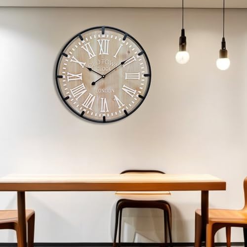 Large Farmhouse Rustic Wooden Wall Clock with Metal Frame and Large Engraved Numbers，Oversized Silent Retro Metal Wood Face Decorative Clock for Office Kitchen Bedroom Living Room (White, 30 inch) - image 7