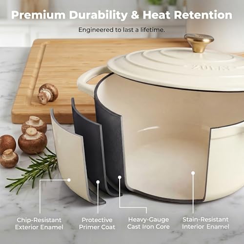 Image of Zulay Kitchen 5 Quart Enameled Cast Iron Dutch Oven Pot with Lid - Premium Durability & Oven Safe up to 500F - Heavy Duty Cookware Perfect for Bread Baking, Stews, Braising & Roasting - Ivory