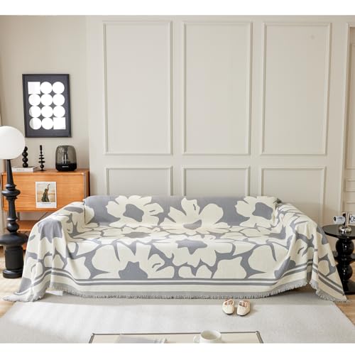 Manta de chenilla con patrón floral nórdico para sofás grandes, funda de sofá suave para 4 plazas, varios tamaños, decoración de sala de estar, gris, 180 x 340 cm