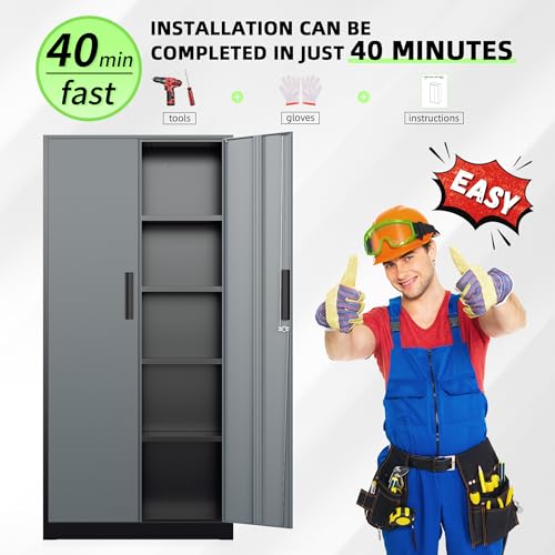 Image of INTERGREAT Metal Storage Cabinet, 72 inch Locking Steel Cabinets with 2 Door and 4 Adjustable Shelves, Tall Metal Cabinet for Home Office, Garage, Warehouse,(Black+Grey)