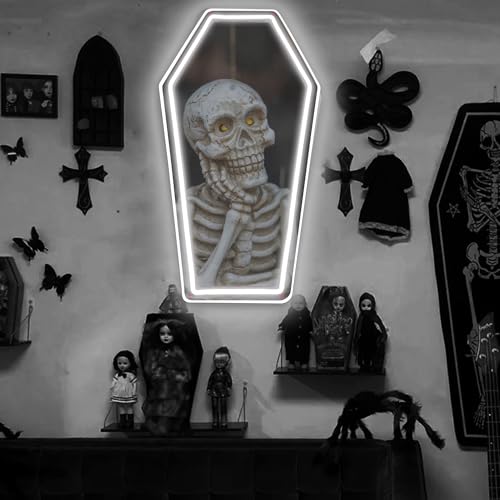 Image of Coffin Neon Sign Shaped Mirror LED Neon Sign, Gothic Bedroom Decor Neon Wall Light, Coffin Mirror Neon Wall Decor for Bedroom Vanity Salon Studio Aesthetic Room Decor 17″ x 9.44″