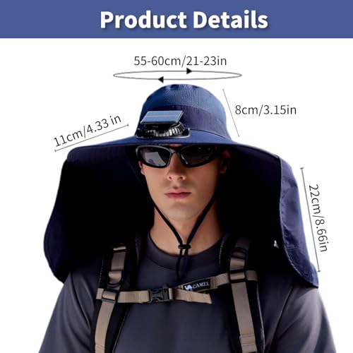 Chapeau ventilateur solaire rechargeable USB homme protection solaire large bord - 6