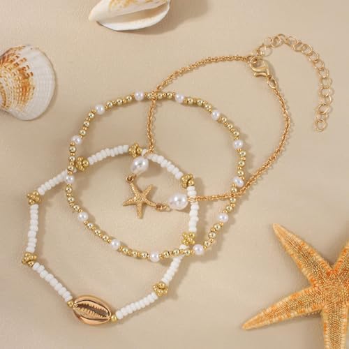 Image of Anklets for Women Fancy, Stylish Payal for Woman, Layered Shell and Starfish Pearl Beaded Anklet Set, Adjustable Beach Jewellery for Girls, Boho Accessories for Summer Festivals