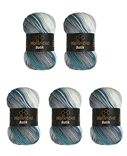 Wollbiene Batik 5950 5 ovillos de 100 g, 500 g, lana con degradado multicolor, multicolor (5950 azul, turquesa y gris)