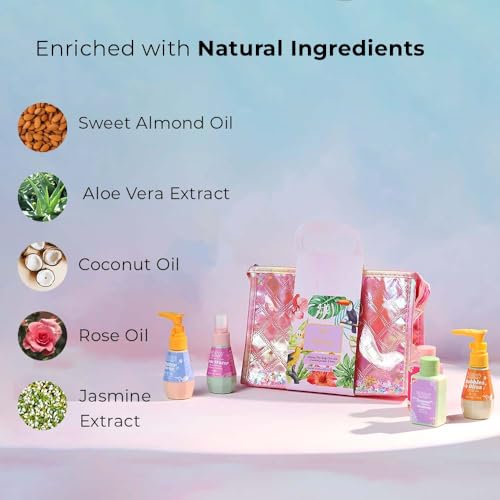 Image of Whimsy Beauty Mini Body Care Love Pouch Kit | Safe Non Toxic Body Care Set for Kids & Pre-Teens | Includes Moisturizer, Body Wash, Cleanser, Rose Water & Sunscreen | Vegan and Cruelty Free (Pack of 5)
