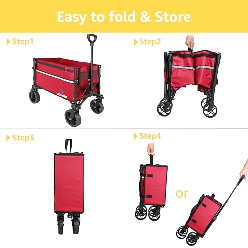 Image of ROSONG Collapsible Wagon Cart with Wheels Foldable - Folding Utility Heavy Duty Wagons Carts for Grocery Sports Garden Shopping Camping Wheelbarrows, Burgundy