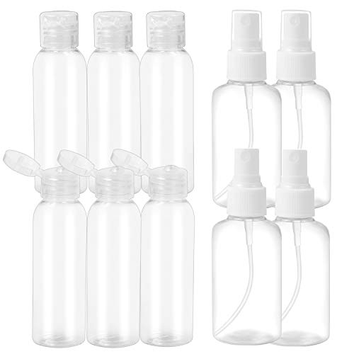Plastic Clear Bottles 4 Packs Fine Mist Spray Bottle Makeup Cosmetic Atomizers(2.5 oz) and 6 Packs Small Refillable Toiletry Travel Size Containers with Flip Cap(2 oz)