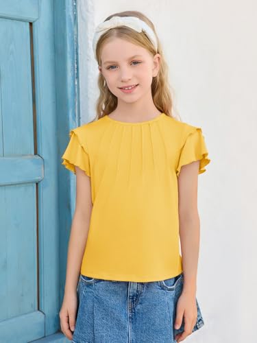 Image of Haloumoning Girls Pleated Ruffle Short Sleeve Shirts Kids Summer Crewneck T-Shirts Fashion Tops Tees 5-14 Years