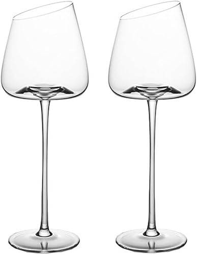 Miniatura 8 de Juego de 2 copas de vino tinto inclinadas, copas de vino blanco de tallo largo sin plomo, copas de vino de cristal modernas con base cóncava única,