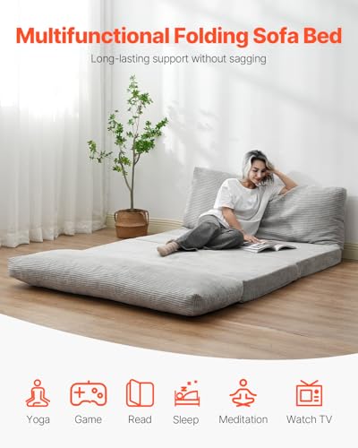 VEVOR 3 in 1 Klappsofa faltbares Schlafsofa mit 2 Kissen & waschbarem Bezug, umwandelbarer Schlafsessel aus 25D Memory Foam, Couch für Wohnzimmer Schlafzimmer, Hellgrau (Full / 2410 x 1360 x 120 mm)