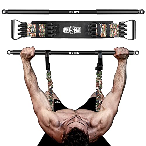 INNSTAR Tragbares Bankdrücken Widerstandsbänder mit Stange, Verstellbare Bench Press Bands mit 96cm Fitness Stange, Brusttrainer für Arm, Rücken, Bizeps und Brustmuskeln Krafttraining(Camogrün-69KG) Cover