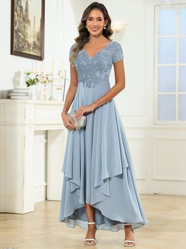 TORYEMY Tea Length Mother of The Bride Dresses for Women Lace Chiffon Formal Evening Dress with Sleeves3