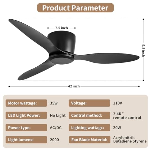 Ceiling Fans No Light with Remote Control Flush Mount 42 Inch Black by LINJO - Used condition - Image 7